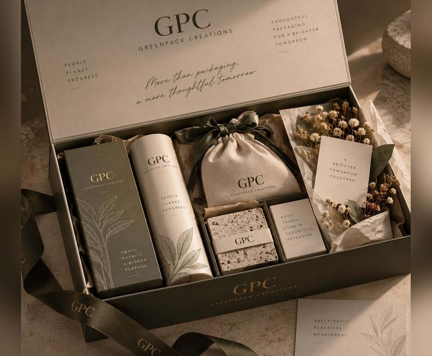 A Green Pack Creations corporate gift set, boxed, wrapped and ready to ship