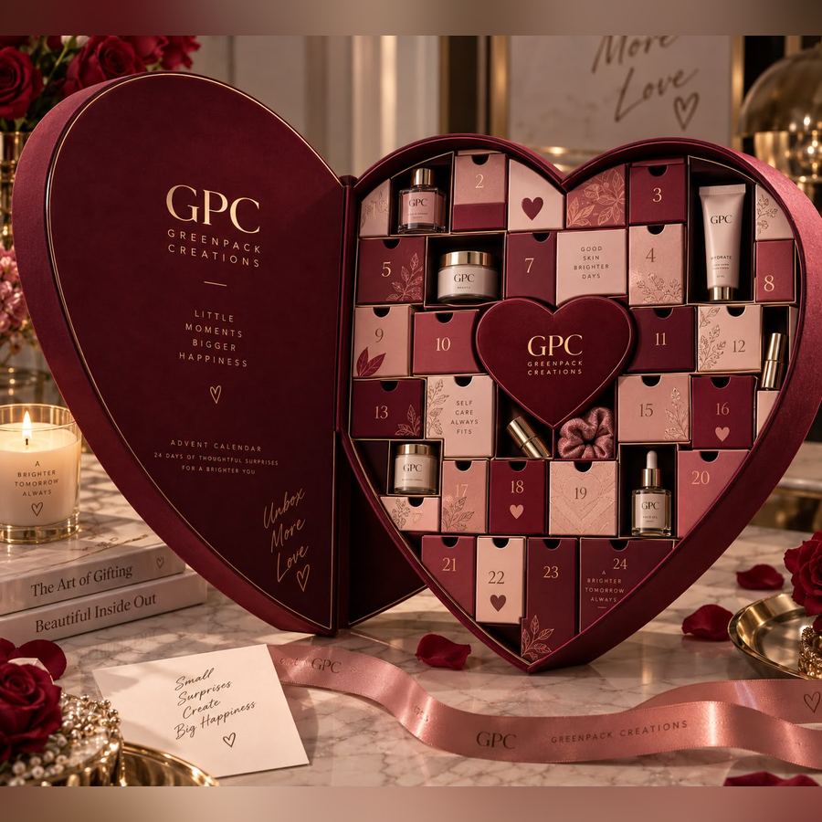 A heart-shaped rigid box of filled compartments