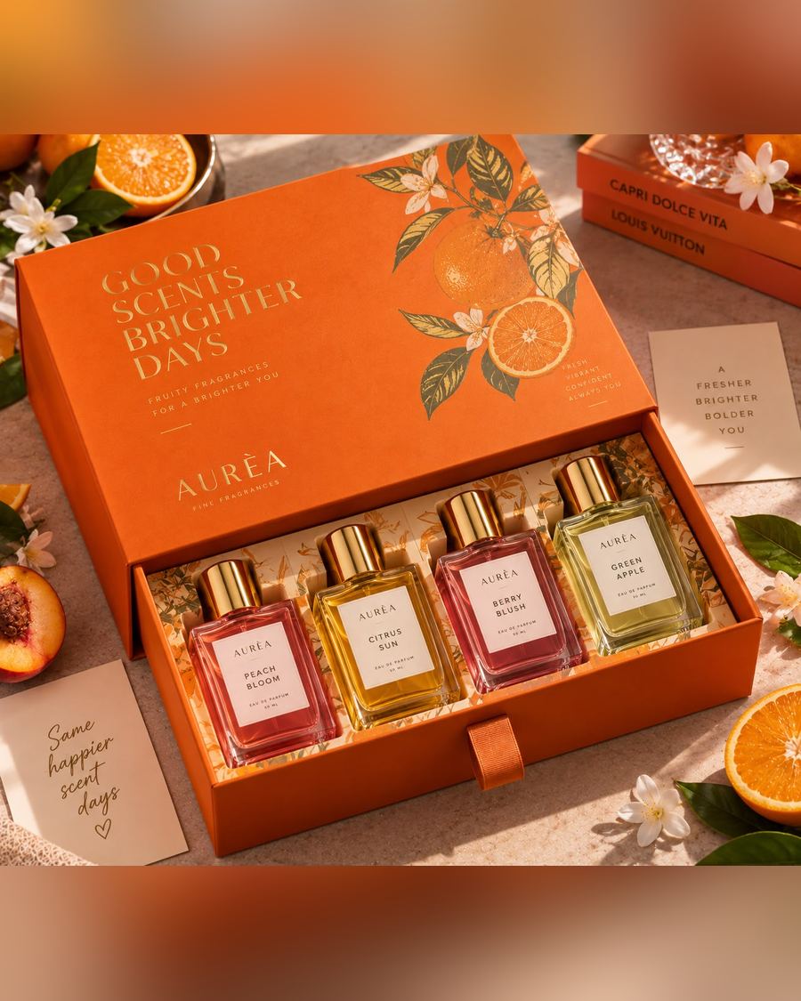 A printed drawer box holding a set of fragrances