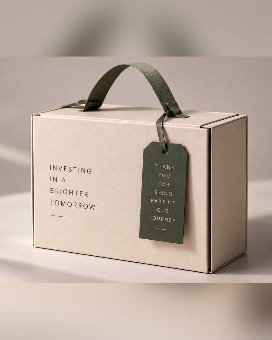 Corrugated mailer box printed and finished with a ribbon handle