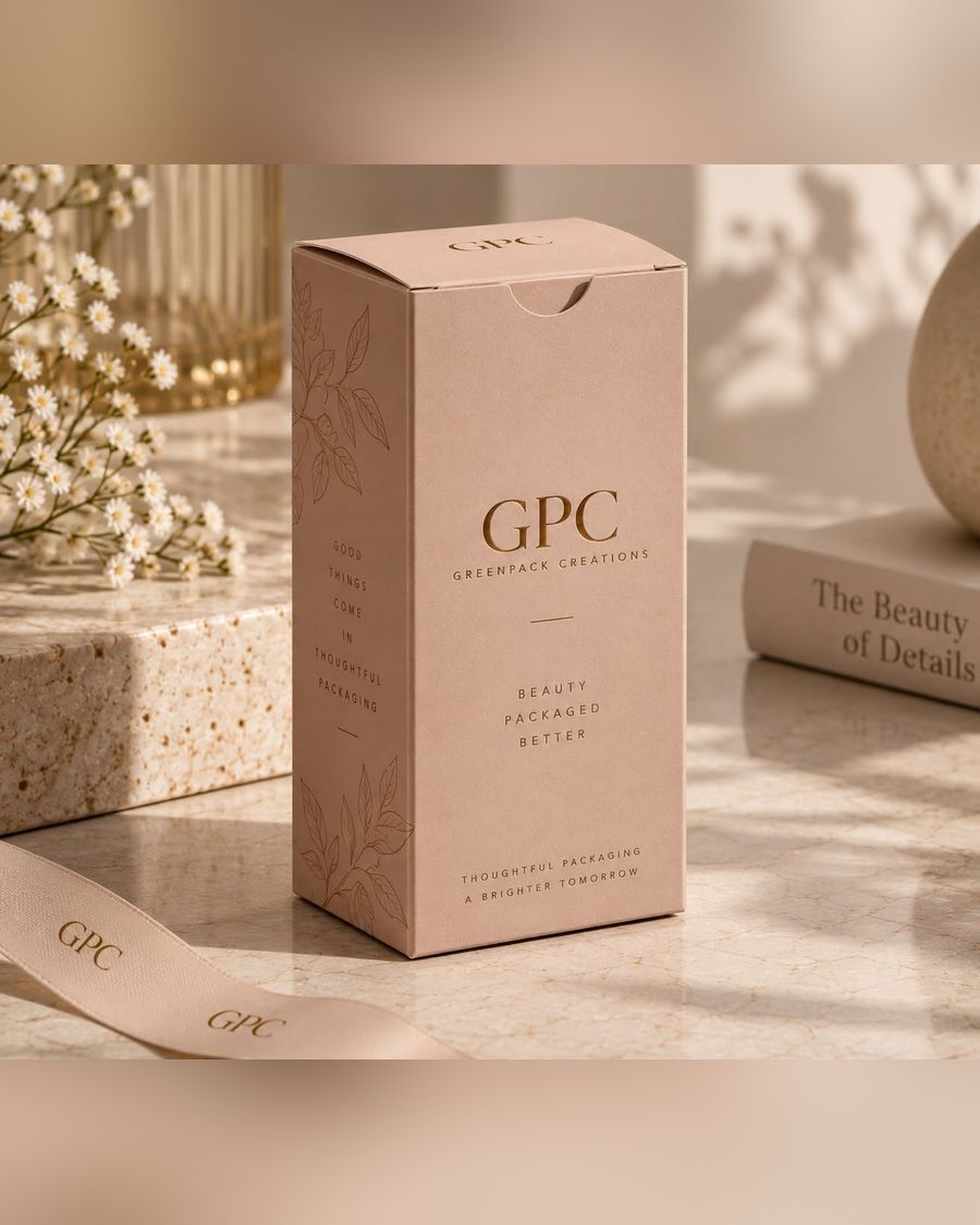 Printed folding cartons, one standing and one opened flat