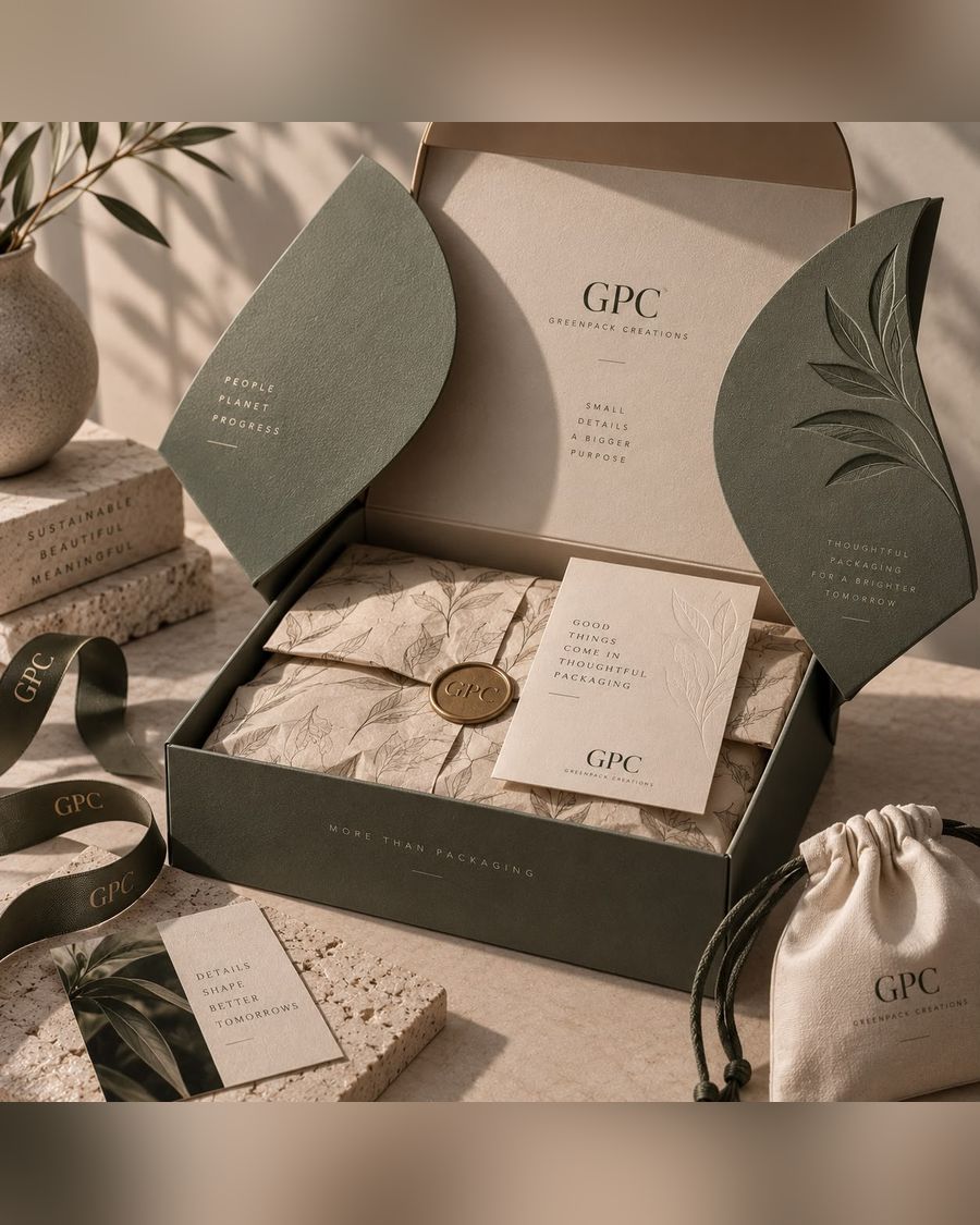PR box laid out with product, printed cards and trims