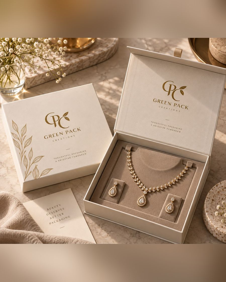 Rigid boxes by Green Pack Creations, a magnetic closure box open on a jewellery set