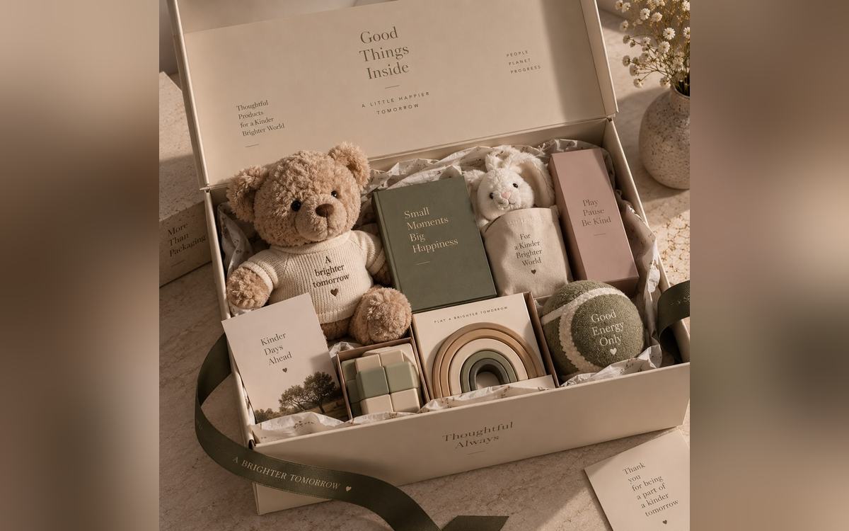 Baby gift box with a soft toy, rattle and printed cards