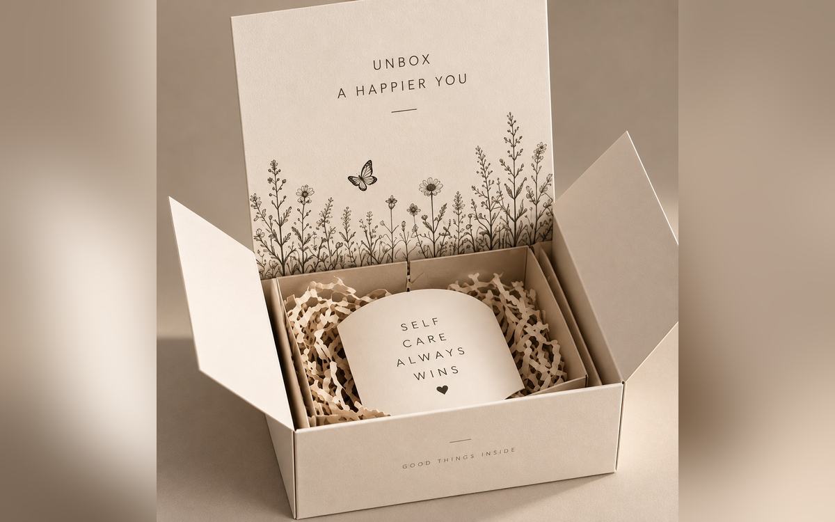 Corporate gift box with a printed inner message and fitted contents