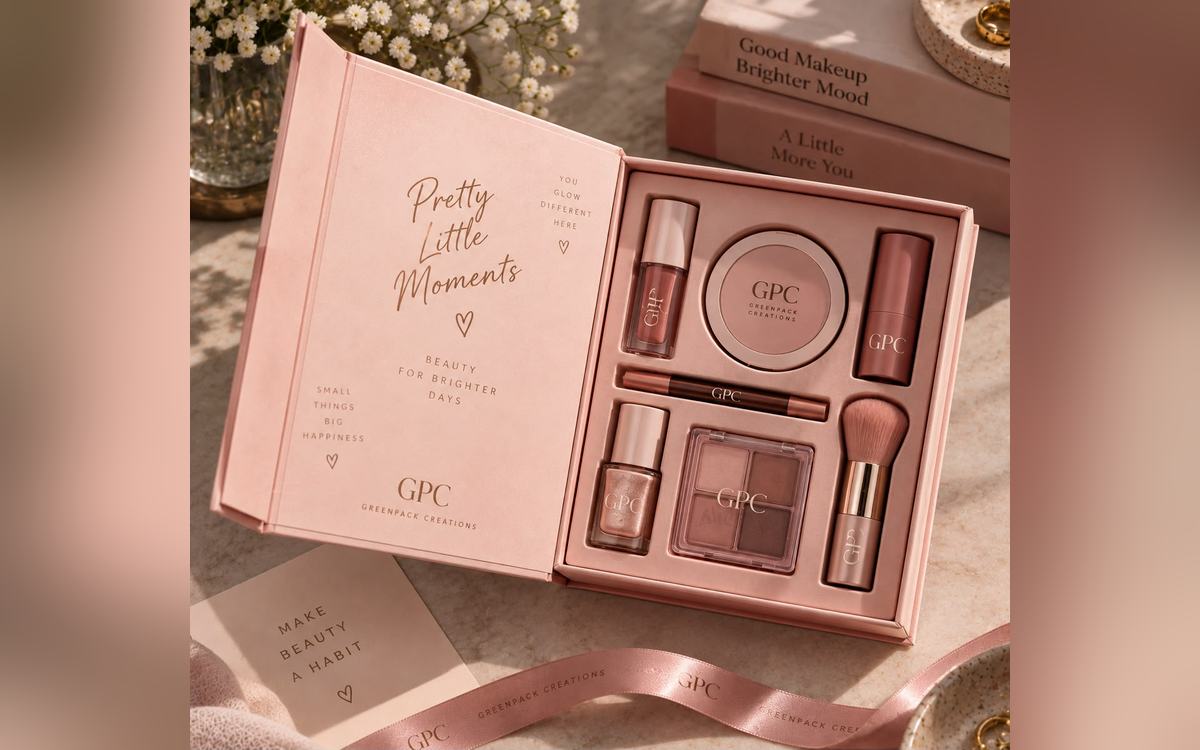 Cosmetics gift box with a compact, lipstick and brushes in fitted compartments