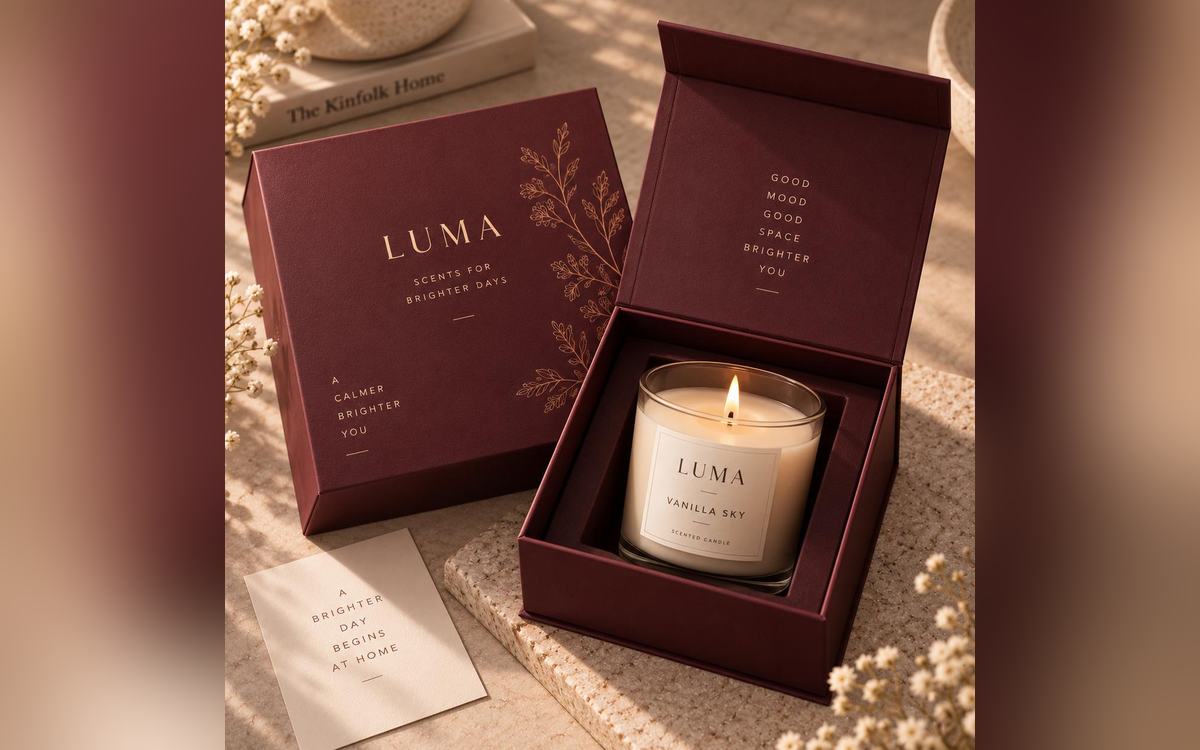 Candle packaging: a rigid box with a hinged lid holding a lit candle