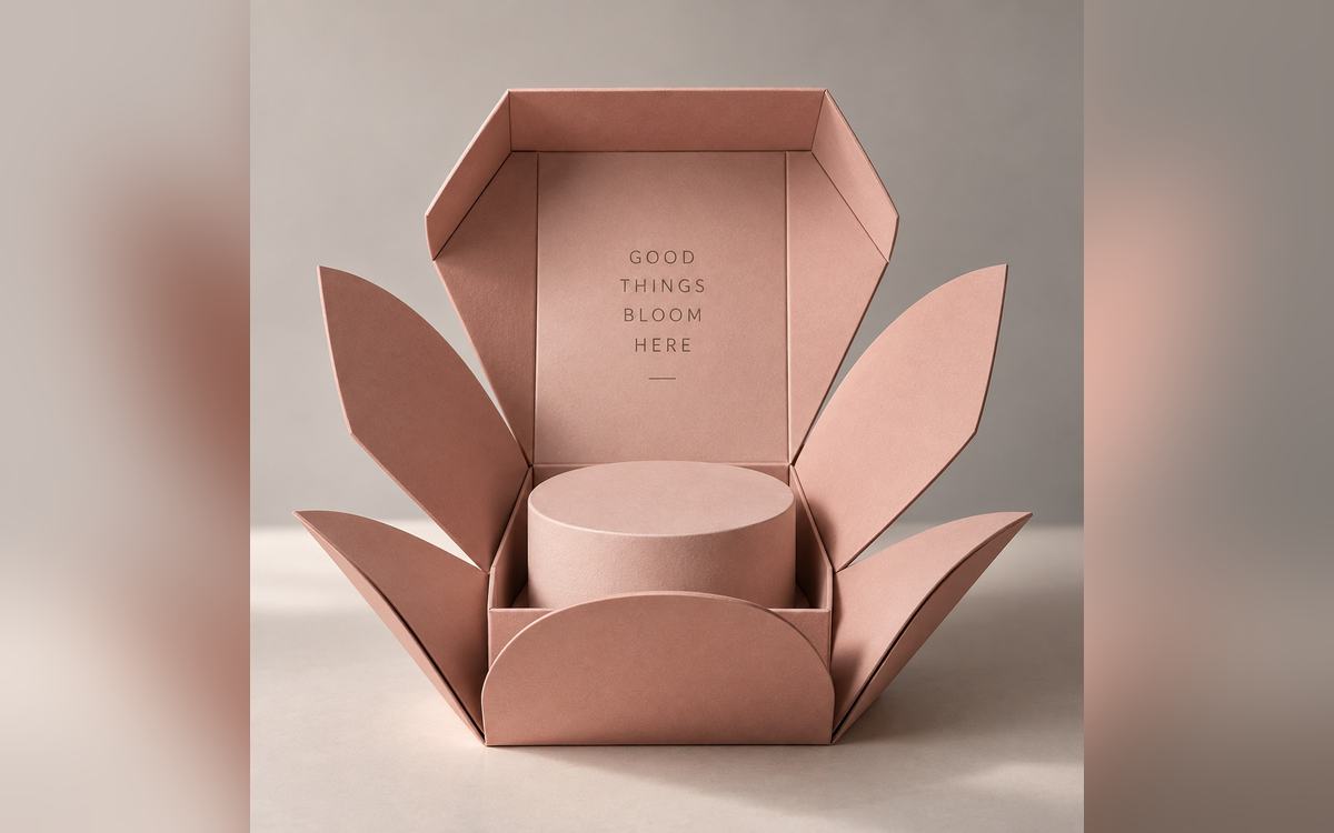 Luxury petal-fold gift box opening to show the inner tube