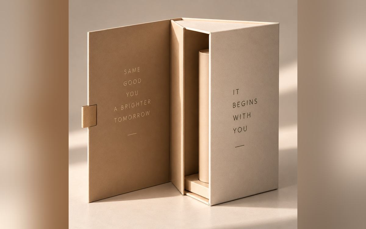 Perfume presentation box opened to show its printed inner leaves