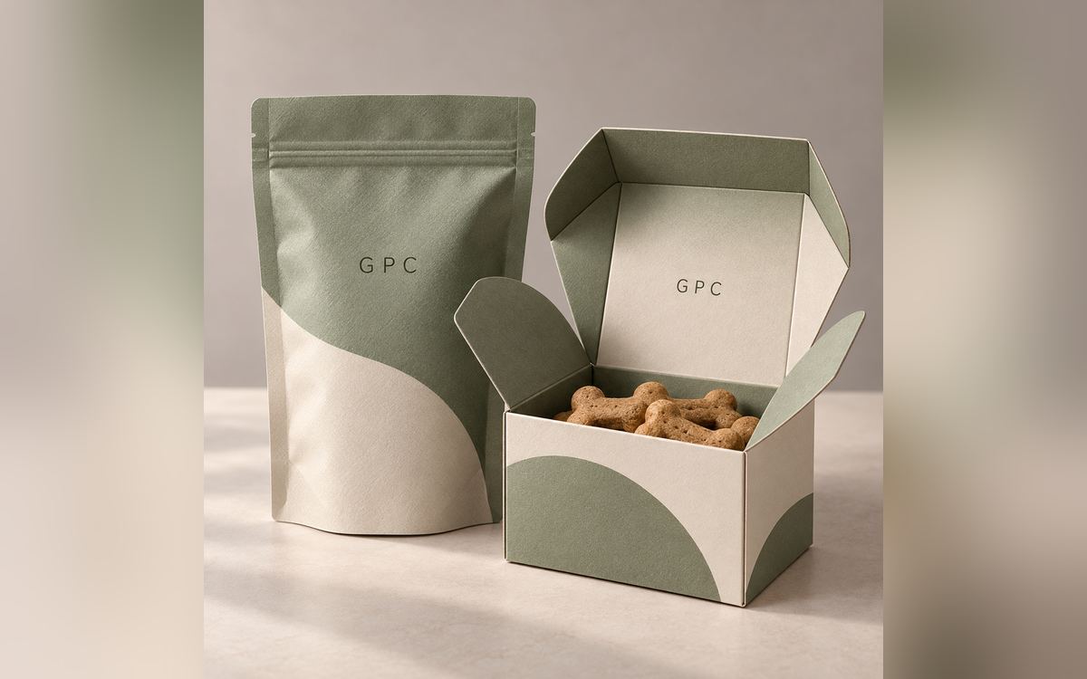 Pet treat packaging: a stand-up pouch and a carton of biscuits