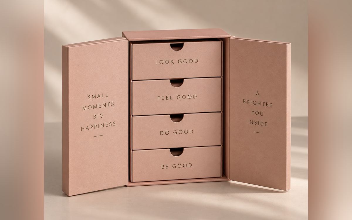 Influencer kit box with pull-out drawers of samples