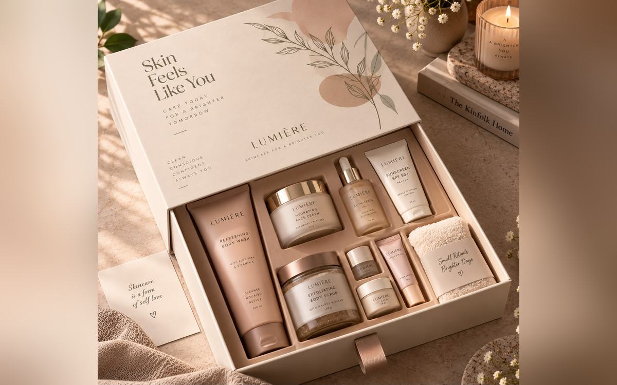 Skincare set presented in a printed drawer box with a fitted tray