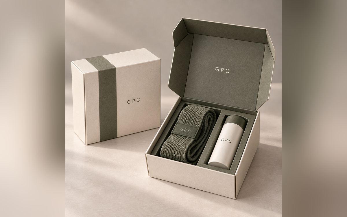 Sports and fitness packaging: a two-piece box holding a resistance band and bottle